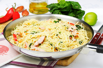 Noodles with ham in pan