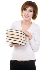 Lovely student girl with a stack of books