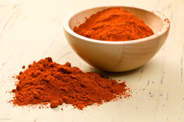paprika powder in wooden bowl