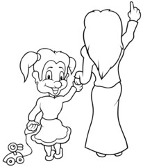 Mother and Little Girl - Black and White Cartoon illustration