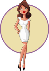 Beautiful cartoon woman smiling wearing white dress