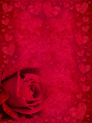 Naklejka premium Red greeting card with rose bud and hearts