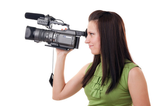 pretty girl holding HDV camcorder isolated on white