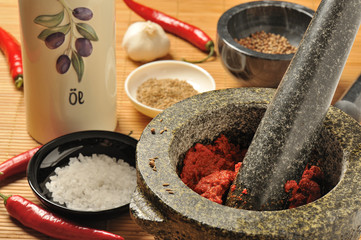 Harissa chili paste in a mortar and pestle, spice