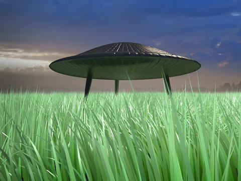The Landing of flying saucer on the green meadow