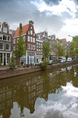 Fototapeta na wymiar Amsterdam canals and typical houses with water reflections