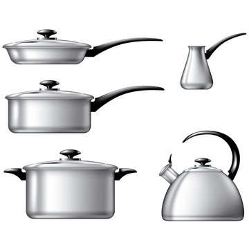 Cooking ware: stainless steel pots, teapot and coffee pot