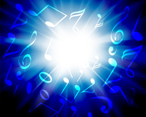 Abstract lights background with music notes and sunburst