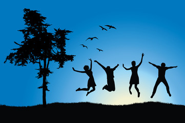 four friends jumping on field near tree, blue sky