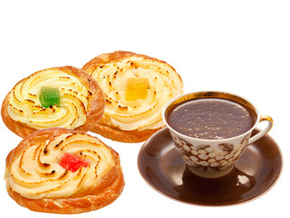 cup of hot chocolate and buns isolated on white background