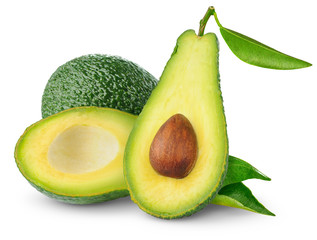 Isolated avocado. Fresh whole and cut in half avocado fruits isolated on white background