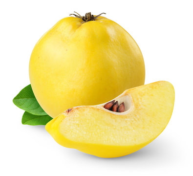 Isolated quince. One whole yellow quince fruit and a wedge isolated on white background