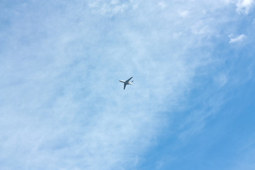 The airplane in the sky.