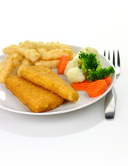 fish fillets with fried potato and vegetables,
