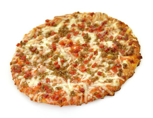 mini pizza topped with sausage and pepperoni