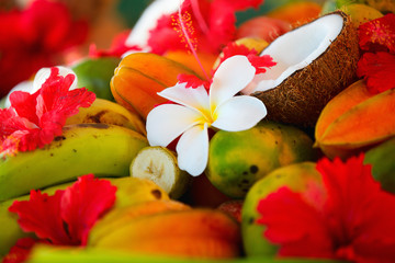Coconuts, fruits and tropical flowers
