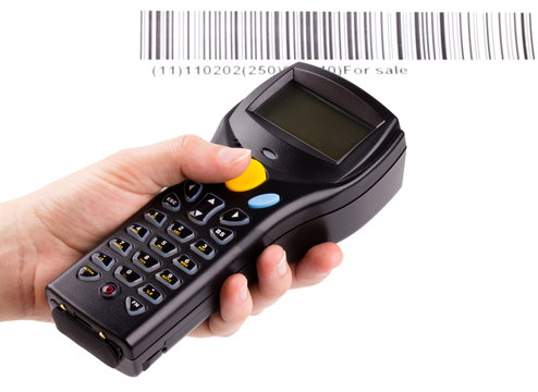 Electronic manual scanner of bar codes in woman hand