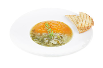 dual components vegetable soup served with toasts