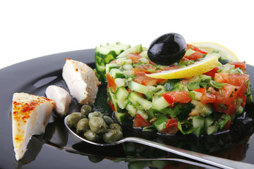 grille chicken meat chunks served black