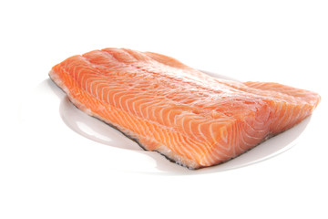raw salmon fillet on white plate
