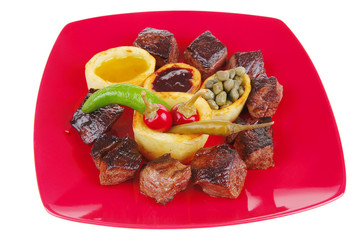 grilled beef meat on red