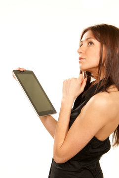 Woman holding new electronic tablet touch pad computer