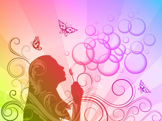 Rainbow background with girl silhouette blowing soap bubbles