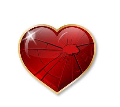 vector image of the red broken  shiny glass heart  with a hole inside and many cracks isolated on the white background.