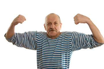 The elderly man in a stripped vest