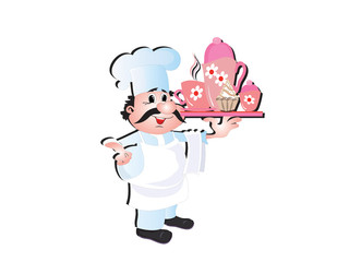 Girl cook with tea set.