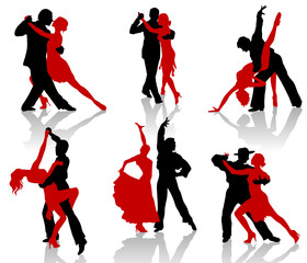 Silhouettes of the pairs dancing ballroom dances. Tango. - obrazy, fototapety, plakaty