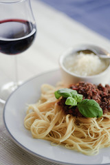 Spaghetti bolognese with red wine and parmesan cheese