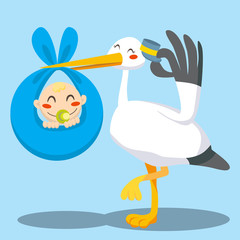 Stork with hat carrying a newborn baby boy