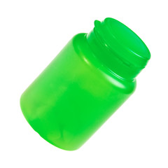 Green plastic chewing gum container over white background.