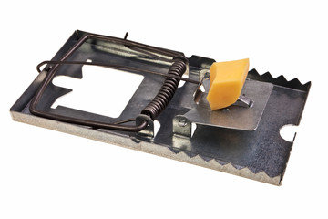 Metal mousetrap with cheese lure isolated over white background.