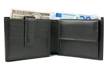 Euro and dollars in leather wallet isolated on white