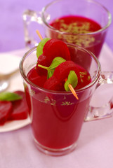 clear beet soup in glass