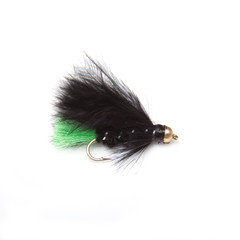 Viva long shank gold head trout fly on a white studio background