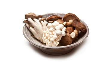 Bowl of Chinese mushrooms, Enoki,Hon-shimeji and Shitake