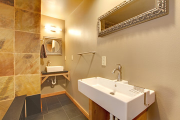 Modern stylish bathroom with large white sinks