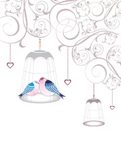 Crédence de cuisine en verre imprimé Oiseaux en cages Carte florale avec oiseaux