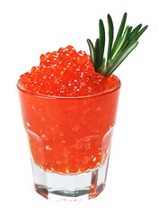 Red salmon caviar in a glass with rosemary