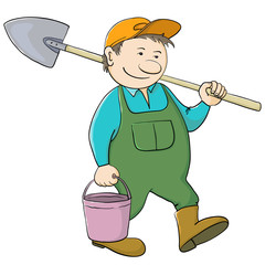 Man gardener with bucket and shovel