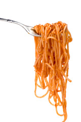 spaghetti with ketchup on fork