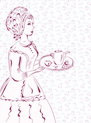 Vintage waitress sketch with coffee pattern