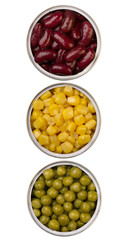canned beans, peas and maize in metal cans