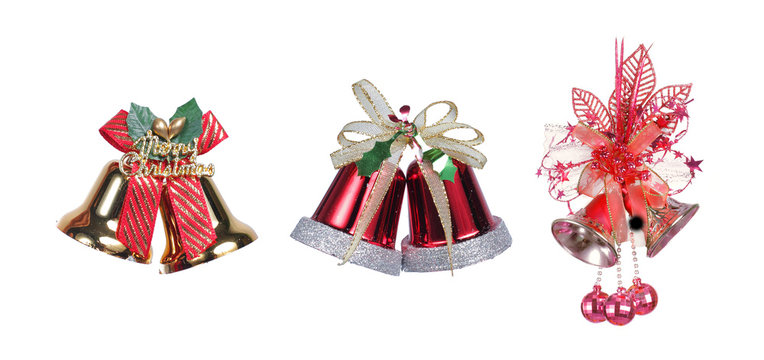 three Christmas bells with a red ribbon