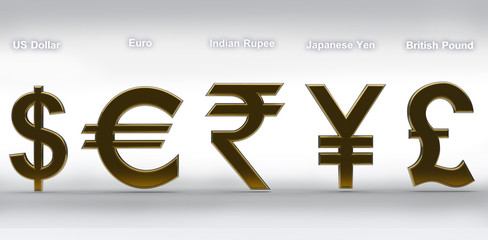 Golden money simbols of the world on white 3d render