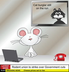 Cartoon mouse newsreader with rodent news stories