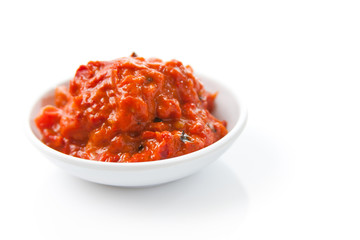 Ajvar, a delicious roasted red pepper and eggplant dish - obrazy, fototapety, plakaty